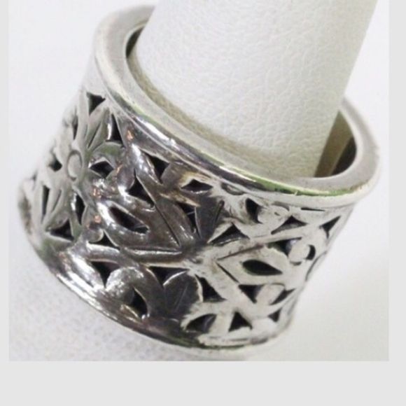 Sterling Silver Floral Filigree Thick Cigar Band Ring Sz 5.5 - Picture 12 of 13